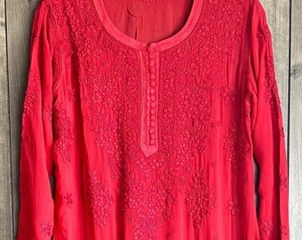 Lucknow Chikankari Red Kurta / Fine Georgette/ FREE SHIPPING in US