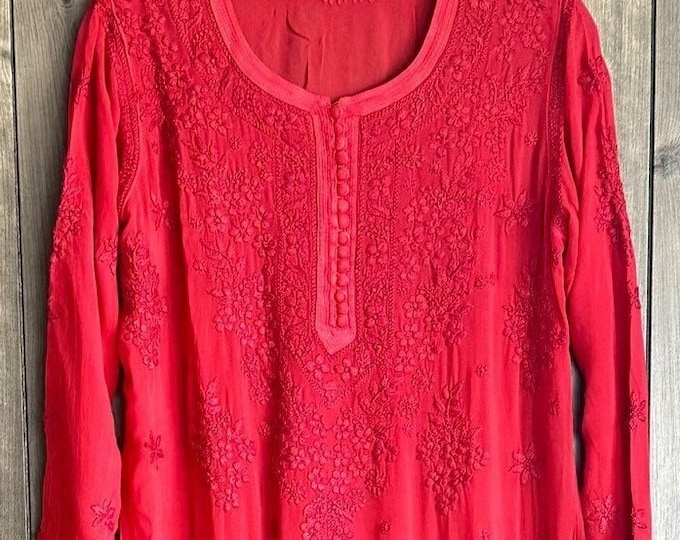Lucknow Chikankari Red Kurta / Fine Georgette/ FREE SHIPPING in US