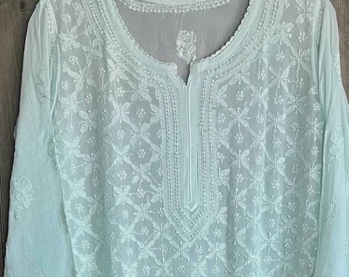 Lucknow Chikankari Mint Green Kurta on Georgette / Liner included/ Free Shipping in US