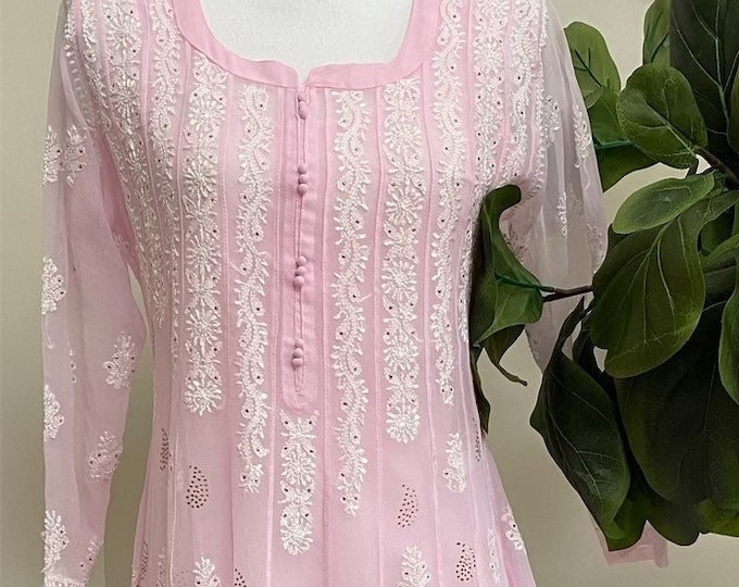 Lucknow Chikankari Pink Georgette Anarkali / Matching liner included /FREE SHIPPING in US