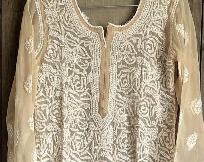 Lucknow Chikankari Tan Kurta on georgette/ Includes liner/Free Shipping in US