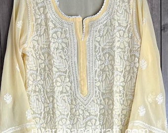 Lucknow Chikankari Beige Georgette Kurta  / Liner included/ Free Shipping in US
