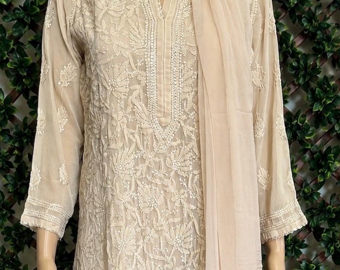 Tan Lucknow Chikankari Georgette Suit / 4 pc set / FREE SHIPPING in US