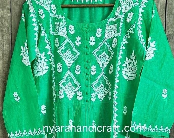 Green Chikankari Kurta / Chanderi Silk  / Liner Included /Free Shipping in US