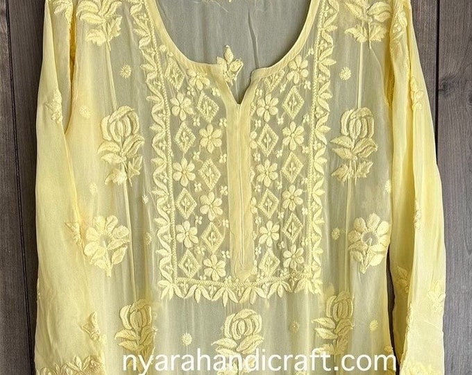 Lucknow Chikankari Yellow Kurta / Fine Georgette / Liner included/ Free Shipping in US