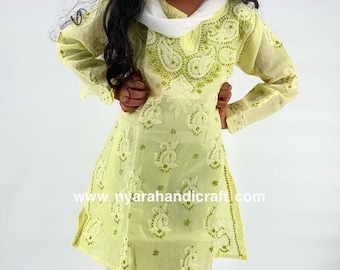 Girls Pure Cotton Chikankari Kurta/ Free Shipping in US