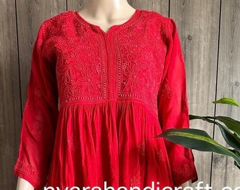 Red Lucknow Chikankari Sharara with Short Top on Fine Georgette  /Liner Included /Free Shipping