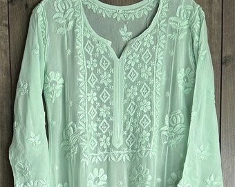 Lucknow Chikankari Mint Green Kurta / Fine Georgette / Liner included/ Free Shipping in US