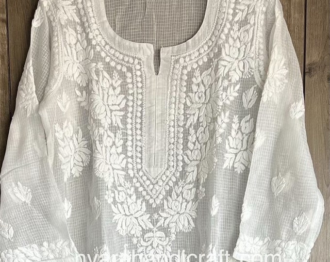White Chikankari Kota Cotton Kurta / Pure Cotton Kota Doriya /Free Shipping in US