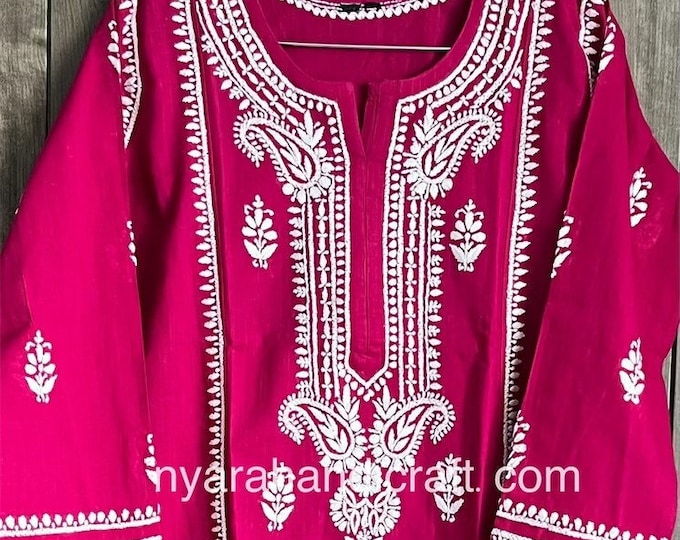 Lucknow Chikankari Rani Pink Kurta / Pure Cotton /Free Shipping in US