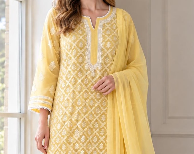 Lucknow Chikankari Mango Yellow Suit on Georgette / 4 pc set  /FREE SHIPPING in US