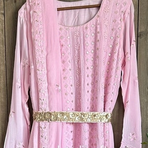 Made to Order : Lucknow Chikankari Pink Heavy Anarkali Gown / Dupatta and Belt included/FREE SHIPPING in US