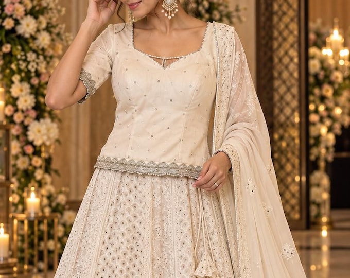 Fine Georgette Ivory Chikankari Lehenga and Choli Set / Ready to wear-Fits waist upto 34 inches/ Customizable