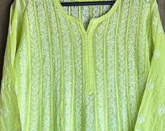 Lime Green Chikankari Anarkali on Pure Kota Cotton / Kota Doriya /Free Shipping in US