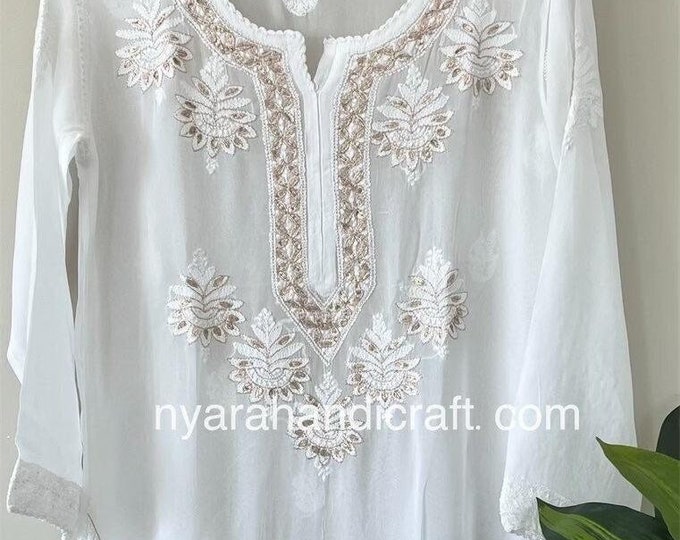 Lucknow Chikankari White Kurta with Gota Patti /Free Shipping in US