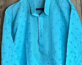 Men's Blue Cotton Chikankari Kurta / Hand Embroidered /Free Shipping in US