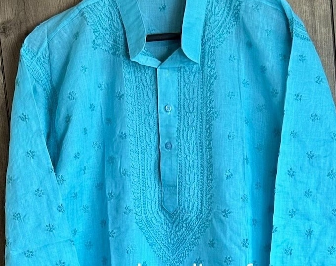 Men's Blue Cotton Chikankari Kurta / Hand Embroidered /Free Shipping in US