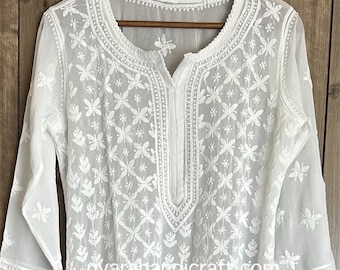 Lucknow Chikankari White Kurta on Georgette / FREE SHIPPING in US