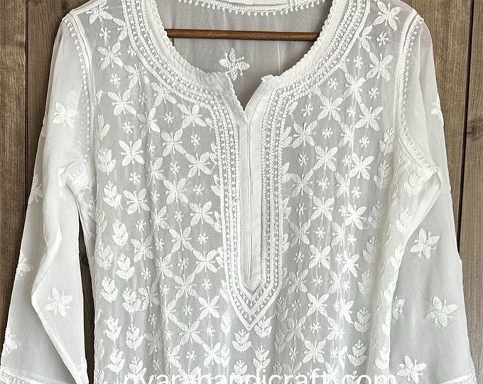 Lucknow Chikankari White Kurta on Georgette / FREE SHIPPING in US