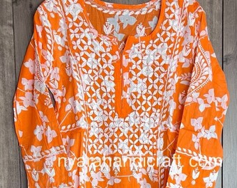 Lucknow Chikankari Printed Orange Kurta / Pure Cotton / Free Shipping in US
