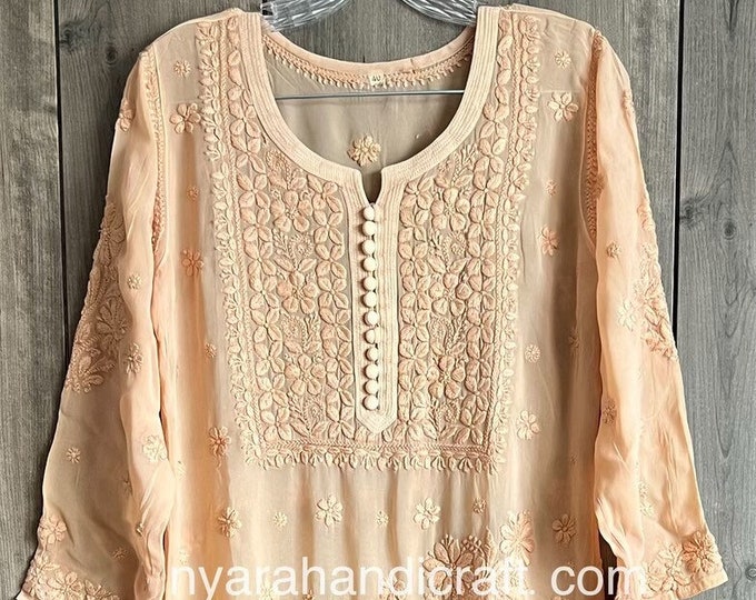 Lucknow Chikankari Tan Kurta / Fine Georgette/ FREE SHIPPING in US