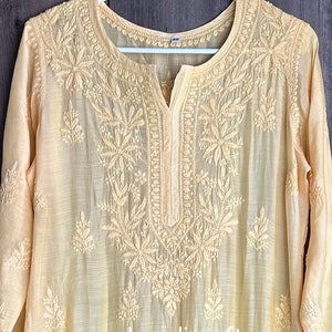 Kurta de muselina pura y dupatta de lino Lucknow Chikankari / Envío gratuito en EE. UU.