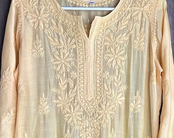 Lucknow Chikankari Pure Muslin Kurta and Linen Dupatta / Free Shipping In US