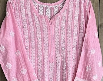Pink Chikankari Anarkali on Pure Kota Cotton / Kota Doriya /Free Shipping in US