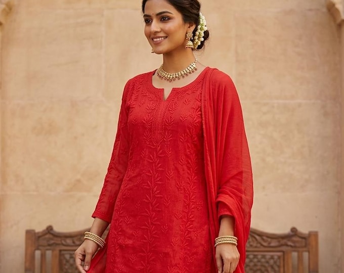 Mul Chanderi Red Chikankari Gharara with Short Kurti and Dupatta /Liner Included /Free Shipping
