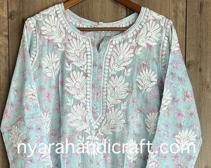 Blue Printed Chikankari Kurta on Soft Pure Cotton / Free Shipping in US