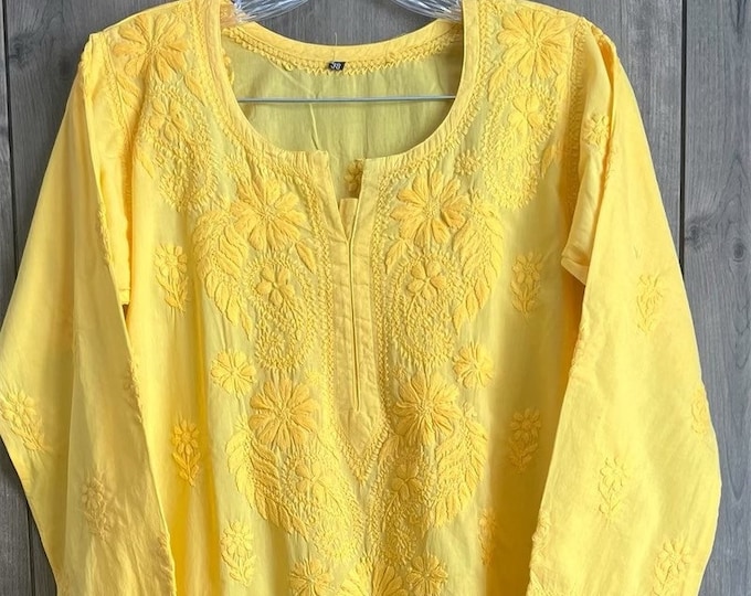 Lucknow Chikankari Yellow Kurta /Pure Cotton / Free Shipping in US