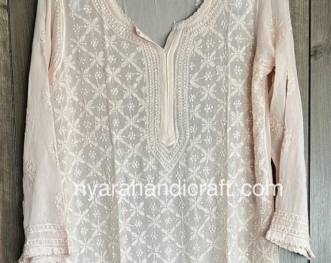 Blush Beige Chikankari Kurta on Georgette / Liner included/ Free Shipping in US