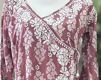 Old Mauve Printed Angarkha Kurta on Pure Malmal Cotton / Free Shipping in US