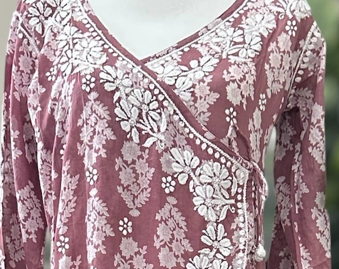 Old Rose Pink Angarkha Kurta on Pure Malmal Cotton / Free Shipping in US