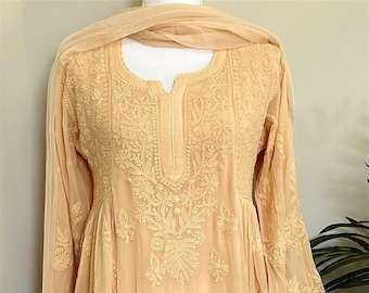 Beige Chikankari Kurta on Fine Georgette / Dupatta and Liner Included/Free Shipping in US