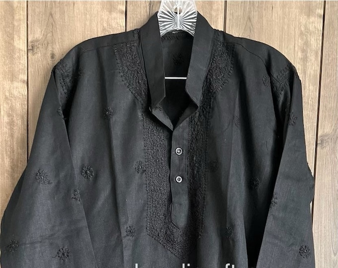 Black Chikankari Kurta for Men / Linen Cotton / Free Shipping in US