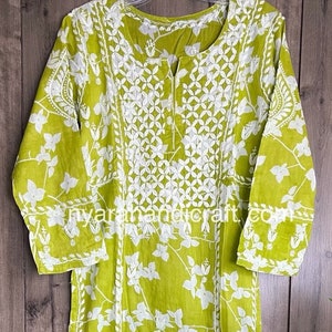 Lucknow Chikankari Printed Green Kurta / Pure Cotton / Free Shipping in US