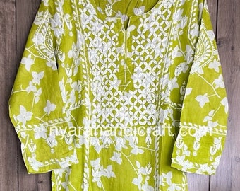 Lucknow Chikankari Printed Green Kurta / Pure Cotton / Free Shipping in US