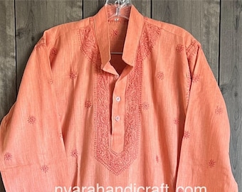 Peach Chikankari Kurta for Men / Linen Cotton / Free Shipping in US