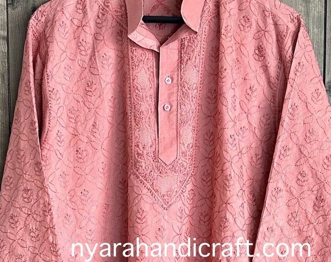 Heavy Chikankari Cotton Kurta for Men / Hand Embroidered / Free Shipping in US