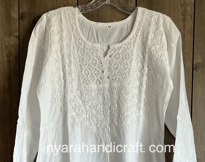 Chikankari White Cotton Kurta with Indigo stole /FREE SHIPPING in US