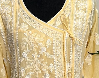 Pale Yellow Chikankari Angarkha on Soft Cotton / Liner included / Free Shipping
