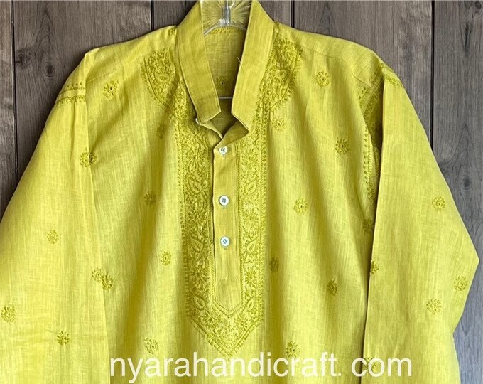 Lime Green Chikankari Kurta for Men / Linen Cotton / Free Shipping in US