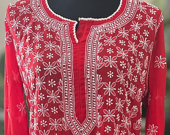 Red Chikankari Georgette Kurta /  liner included /FREE SHIPPING in US