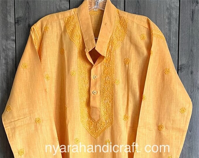Light Orange Chikankari Kurta for Men / Linen Cotton / Free Shipping in US