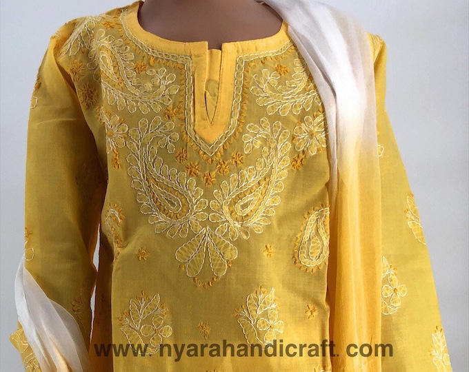 Kids-wear Chikankari Pure Cotton Kurta for Girls/ Free Shipping in US