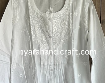 Chikankari Short White Blouse / Kurti / Pure Cotton / Hand Embroidered /Free Shipping in US