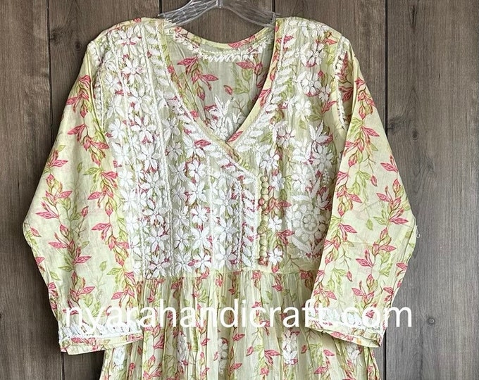 Printed Green Chikankari Anarkali / Pure Cotton / Includes Liner/ Free Shipping