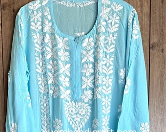 Blue Modal Chikankari Kurta / Hand Embroidered /Free Shipping in US