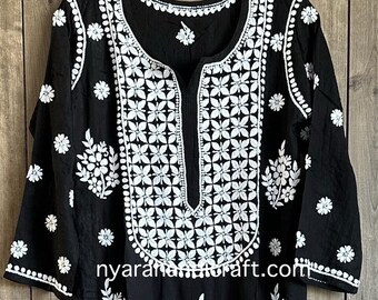 Black Chikankari Modal Kurta  / Hand embroidered/Free Shipping in US